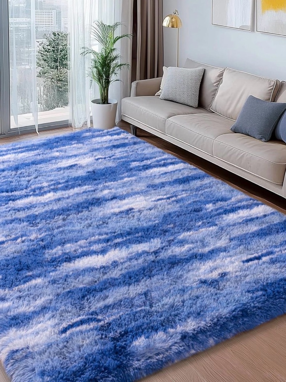 Blue & White Plush Shag Area Rug 5X7